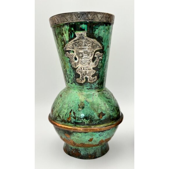 Mexican Mid-Century Silver Inlay Verdigris Vessels Matching pair 5" Tall - Picture 2 of 7